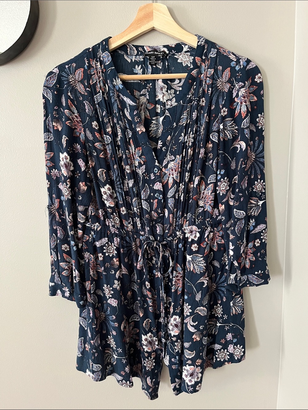 Hilary Radley Navy Floral Blouse with Soft Pink and Cream Accents